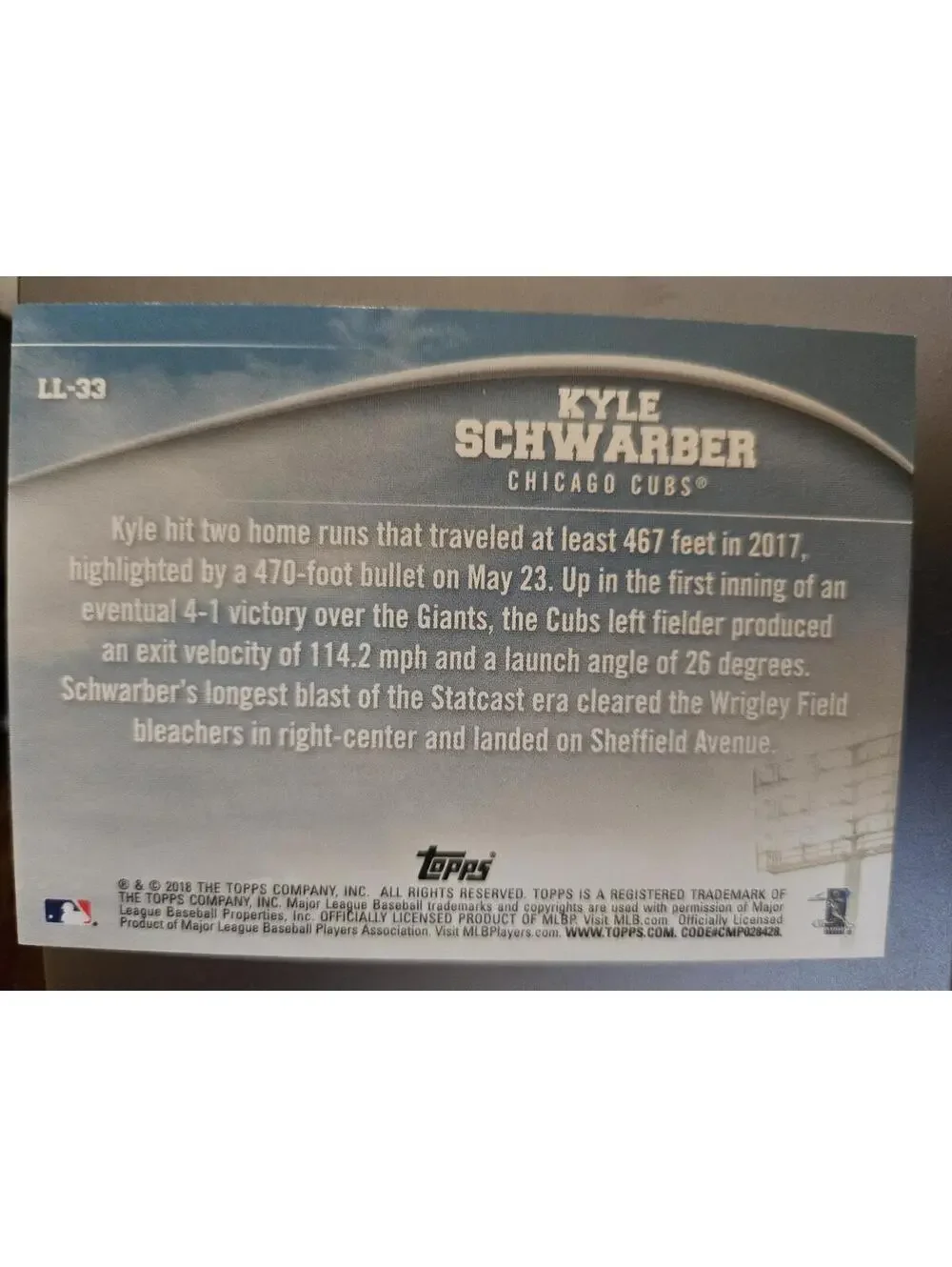 2018 TOPPS LONGBALL LEGENDS KYLE SCHWARBER CHICAGO CUBS #LL-33 - Picture 2 of 2